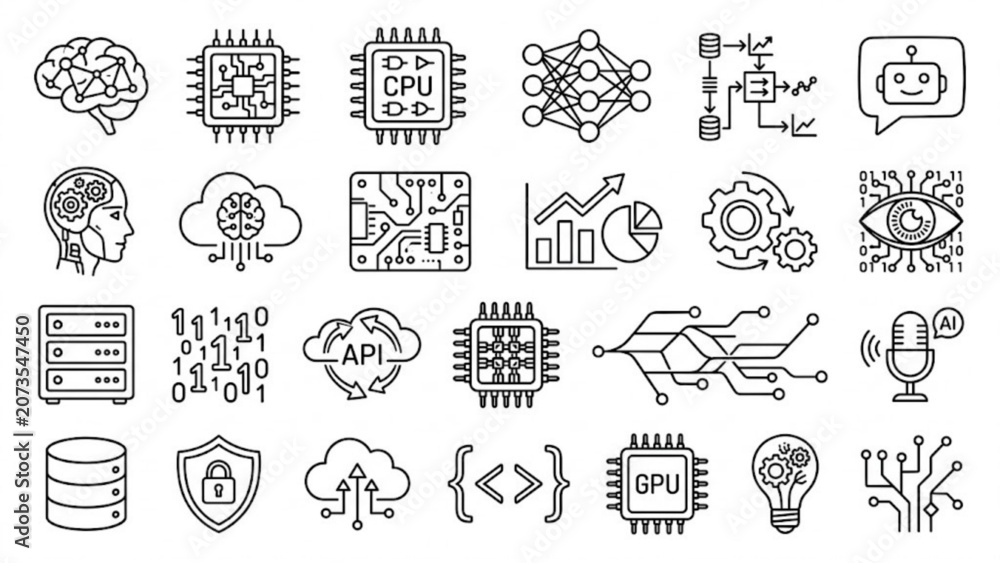 Obraz premium Minimalist AI & Neural Network Line Icon Collection Brain, Microchip, Machine Learning, and Smart Technology Vector Set