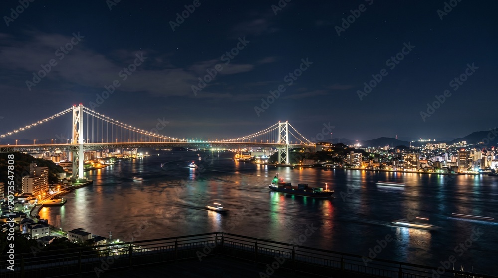 Fototapeta premium 関門海峡の美しい夜景とライトアップされた関門橋