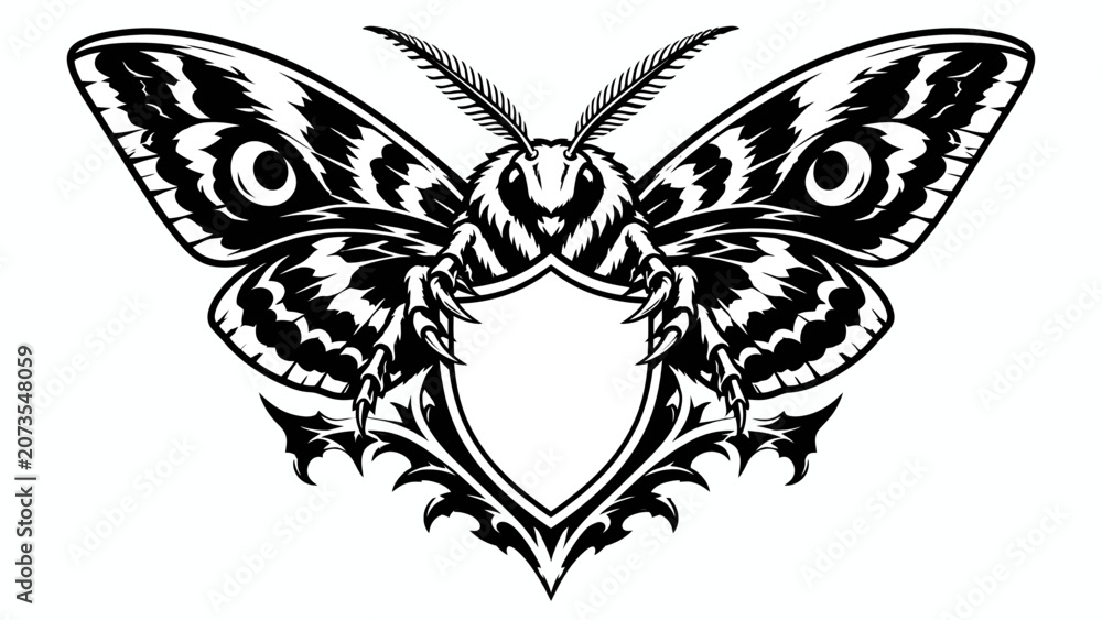 Fototapeta premium A black and white graphic illustration of a moth with intricate patterns on its wings, superimposed on a shield-like design.