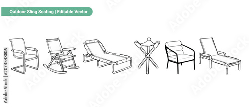 Outdoor sling seating vector set of minimalist patio furniture line art icons including modern chaise lounge chair, backyard rocking chairs, and folding camping stool illustration for garden design.
