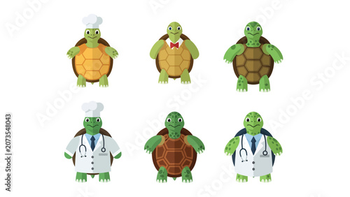 Set of six cartoon turtles dressed in various professional outfits, including chef, waiter, and doctor attire.