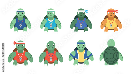 Set of cartoon turtles wearing athletic wear and headbands, ready for sports and fitness activities.