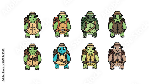 Collection of eight cartoon turtles wearing hats and backpacks, ready for adventure.
