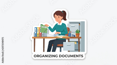 Employee organizing office documents at desk