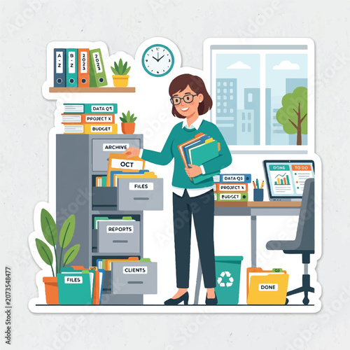 Employee organizing office documents at desk