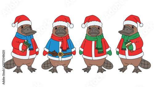 Four cute platypuses dressed in festive Christmas outfits, including Santa hats and scarves, standing together.