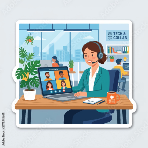 Employee participating in video conference on laptop