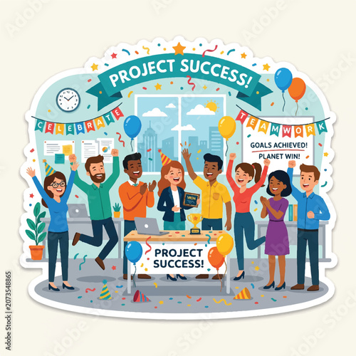 Employees celebrating project success in office