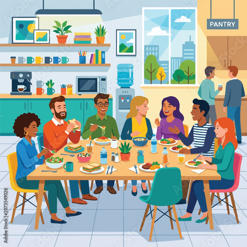 Colleagues sharing lunch together in office