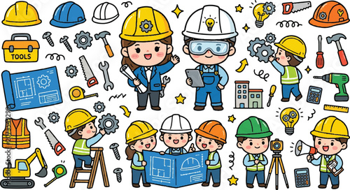 Engineer doodle set vector illustration for technical design