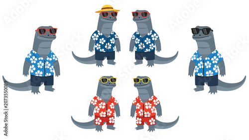 A group of cartoon lizards dressed in Hawaiian shirts and sunglasses, ready for a tropical vacation.