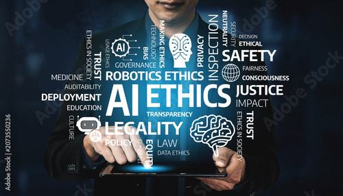 Obraz na plátně The image illustrates key concepts in AI ethics, focusing on governance, trust, justice, and safety, highlighting the importance of responsible technology deployment and inspection