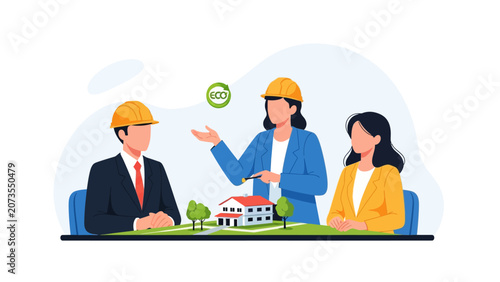 Architects and engineers discussing sustainable house models for eco-friendly real estate development.