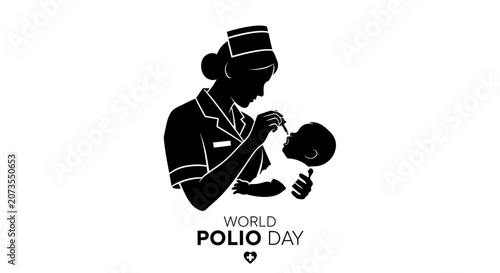 A silhouette illustration of a nurse administering oral polio vaccine drops to an infant.
