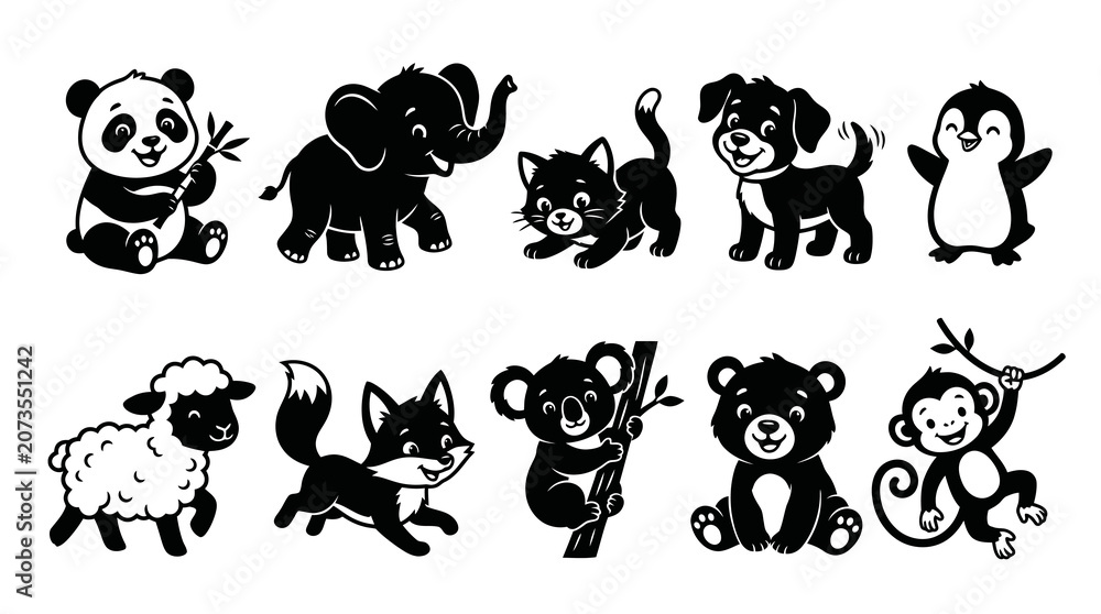 Fototapeta premium Cute Cartoon Baby Animals Black and White Silhouette Vector Set