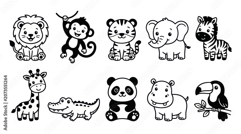 Obraz premium Exotic safari and tropical jungle animals cartoon vector set