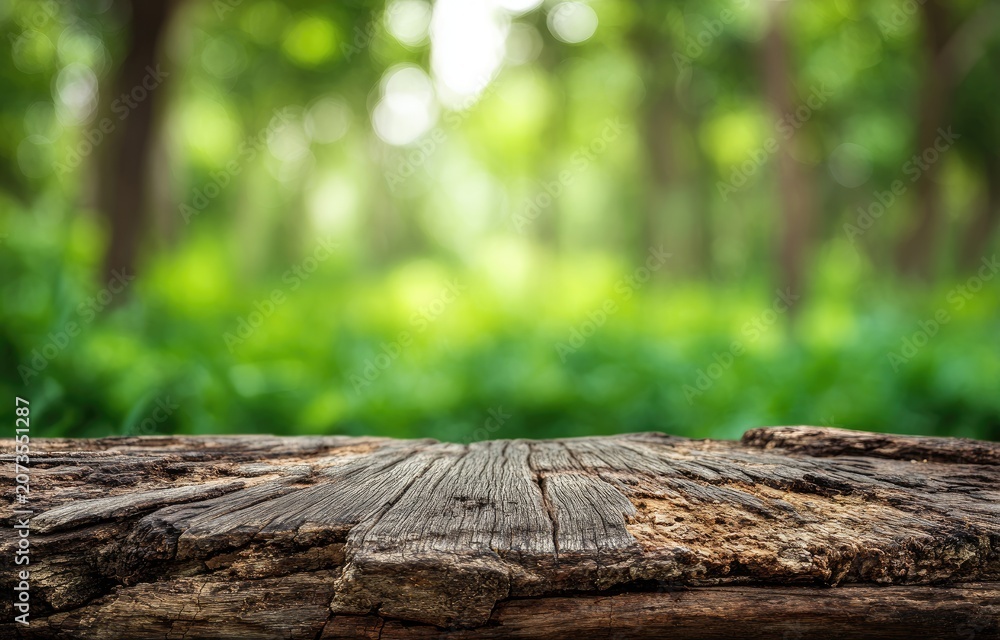 Fototapeta premium A rustic wooden surface is presented against a blurred, lush green forest backdrop.