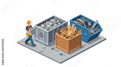 Isometric Construction Waste Management and Recycling Station with Worker