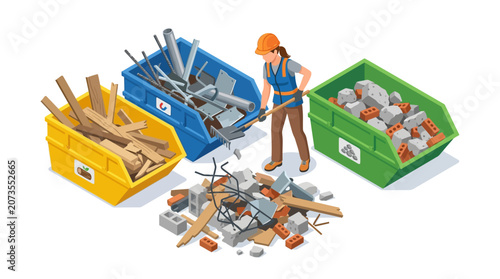 Isometric Construction Waste Management: Female Worker Sorting Debris into Recycling Bins