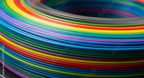 Close up of colorful 3D printer filament spools in a rainbow spectrum.