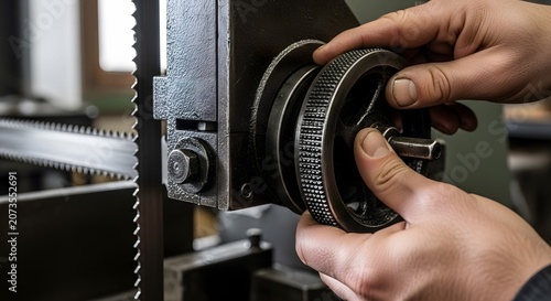 Close up of hands adjusting a mechanical gear assembly in a workshop setting.