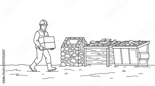 Construction Worker Carrying Boxes for Waste Sorting and Debris Management Line Art Illustration