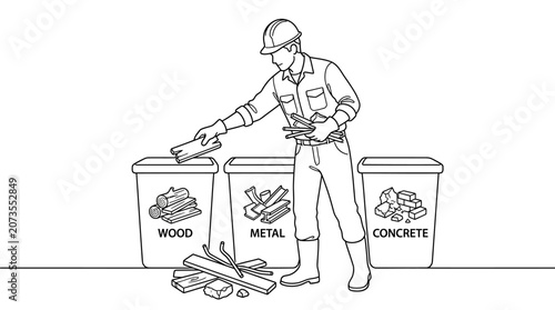 Construction Worker Sorting Building Waste for Wood, Metal, and Concrete Recycling Line Art