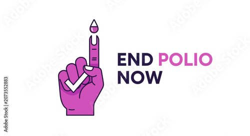 A purple hand with a marked finger and checkmark symbol promoting polio eradication.