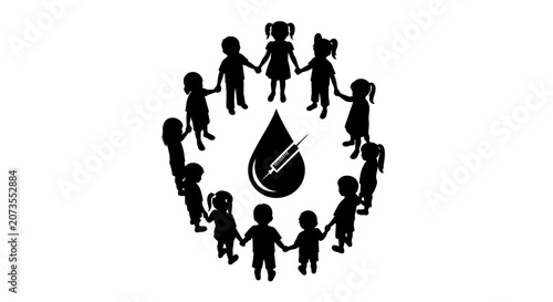 A circular formation of children silhouettes surrounding a central medical blood drop and syringe icon.
