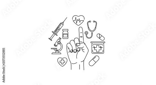Hand surrounded by various medical icons and healthcare symbols in a circular sketch composition.
