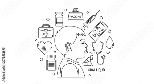 A line art illustration of a child surrounded by various medical and healthcare icons.