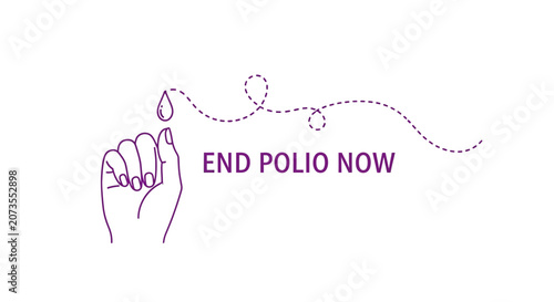 A line art illustration of a hand holding a drop with the text End Polio Now.