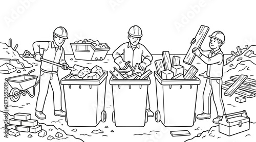 Construction workers sorting site waste into recycling bins line art