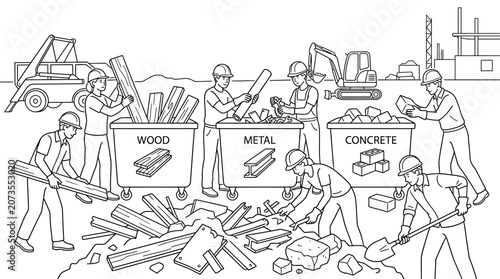 Construction Site Waste Sorting and Recycling Line Art Illustration