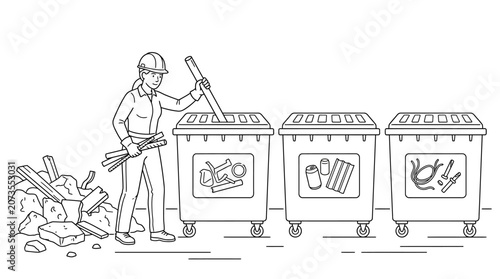 Construction worker sorting waste into recycling bins illustration