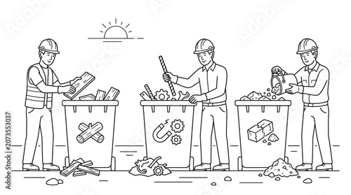 Construction Workers Sorting Waste for Recycling Vector Line Art Illustration