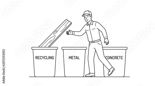 Worker Sorting Construction Waste Line Art Illustration