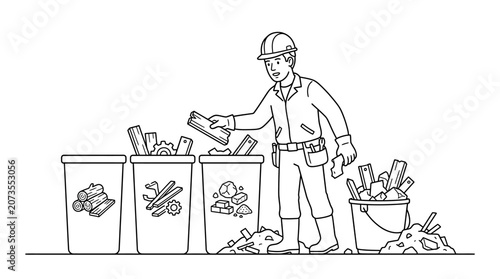 Construction Worker Sorting Building Waste into Recycling Bins Line Art Illustration