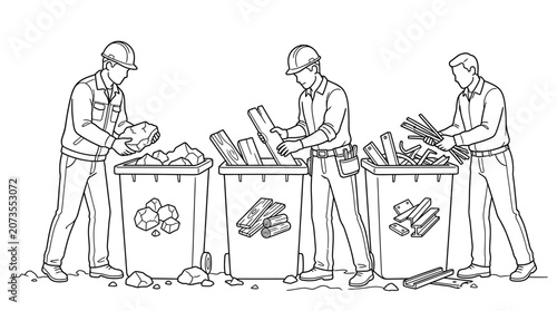 Construction workers sorting site waste into recycling bins, line art illustration