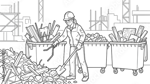 Construction Worker Sorting Site Waste Line Art Illustration