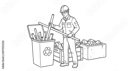 Construction Worker Sorting Waste and Recycling Materials Line Art Illustration