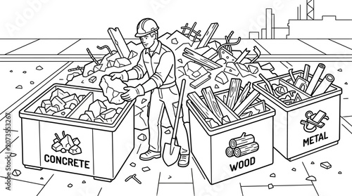 Construction Worker Sorting Waste into Recycling Bins Coloring Page