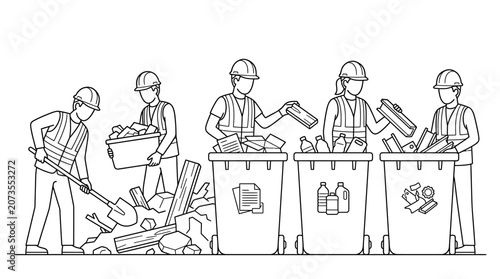 Construction Workers Sorting Waste for Recycling Line Art Illustration