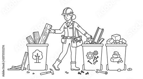 Female worker sorting construction waste into recycling bins. Line art illustration for sustainable building.
