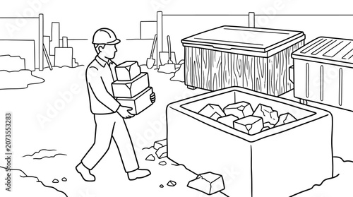 Construction Worker Carrying Bricks to Site Dumpster Coloring Page Illustration