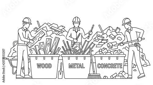 Construction Waste Recycling Line Art: Workers Sorting Wood, Metal, and Concrete Debris