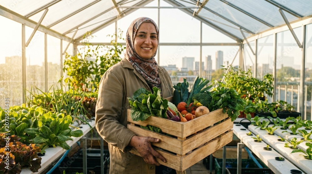 Obraz premium Smiling woman holding a crate of fresh vegetables in a greenhouse