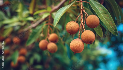 A close-up shot showcases a cluster of ripe, brown-skinned longan fruits hanging from a branch amidst lush green foliage, highlighting their textured surface and natural beauty.