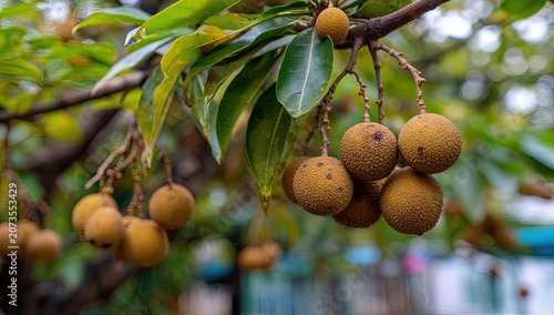 A close-up view showcases a cluster of ripe longan fruits hanging from a lush green branch.