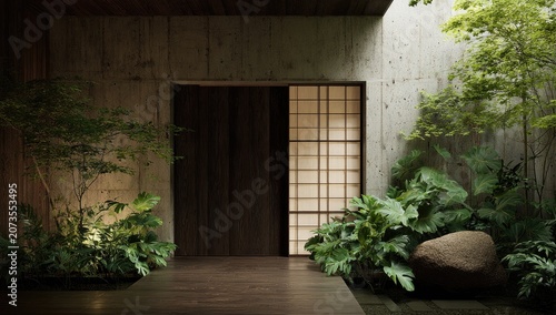 A serene entranceway features a dark wooden door framed by lush greenery and textured concrete walls.